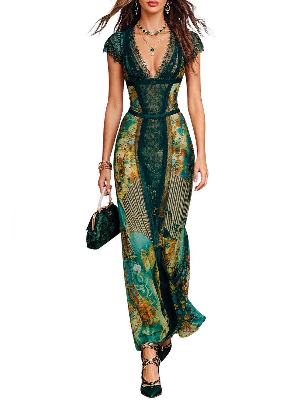 Boho New Green Floral Lace-Trim Maxi Dress
